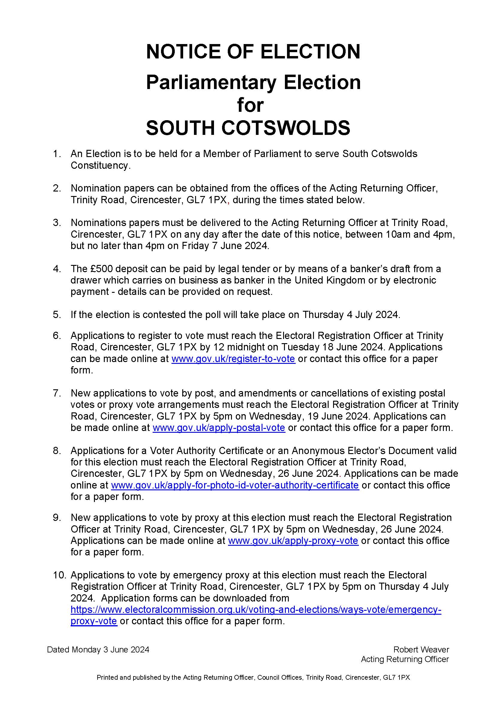 Parliamentary General Election - Thursday 4 July 2024 - South Cotswolds Constituency